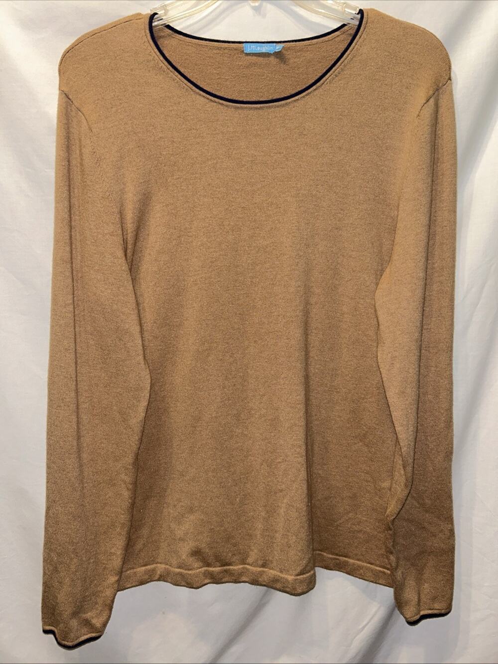 J. McLaughlin Size XL Cotton Blend Knit Camel Brown Sweater Navy Trim Preppy